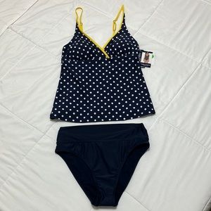 Nautica navy white polka dot bathing suit top & bottom w/ yellow trim Size S NWT